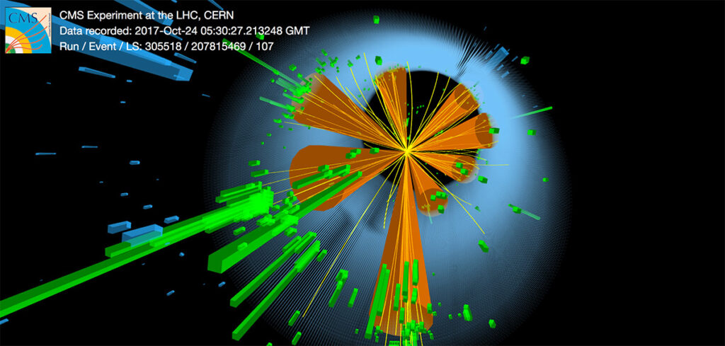 Graphische Darstellung eines Ereignisses, das mit dem CMS Detektor am CERN gemessen wurde. Quelle: CERN